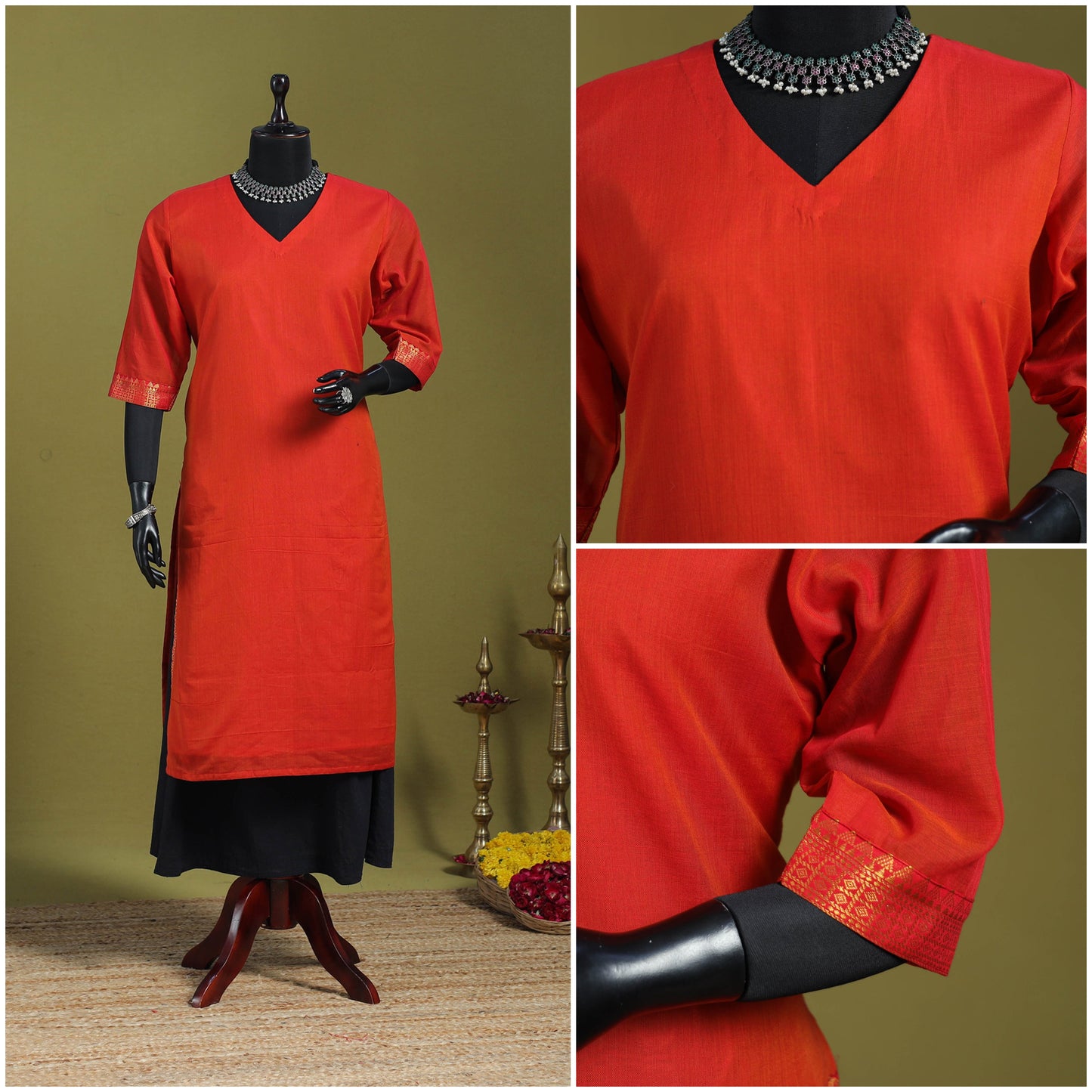 Orange - straight cotton dharwad kurta 06 - handcrafted