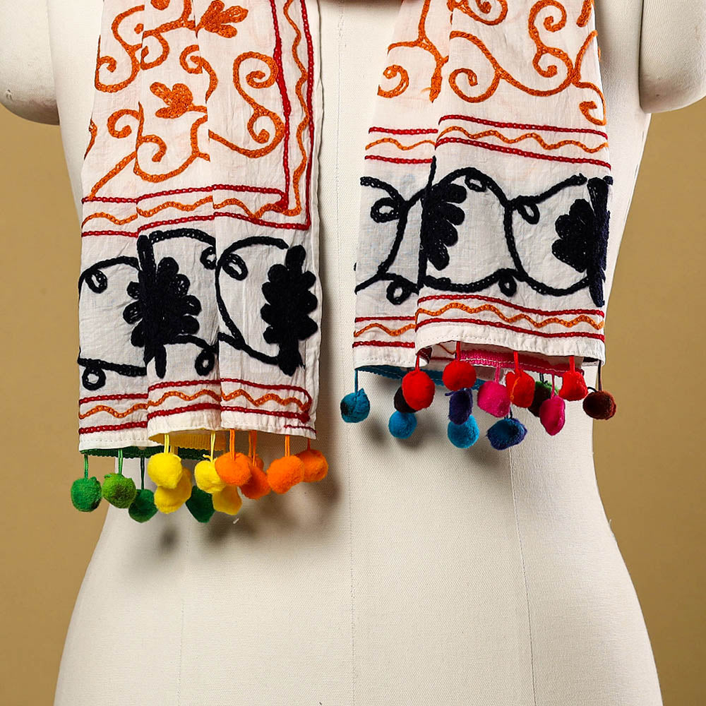 Buy Suzani Embroidery Mul Cotton Stole with Pom Pom