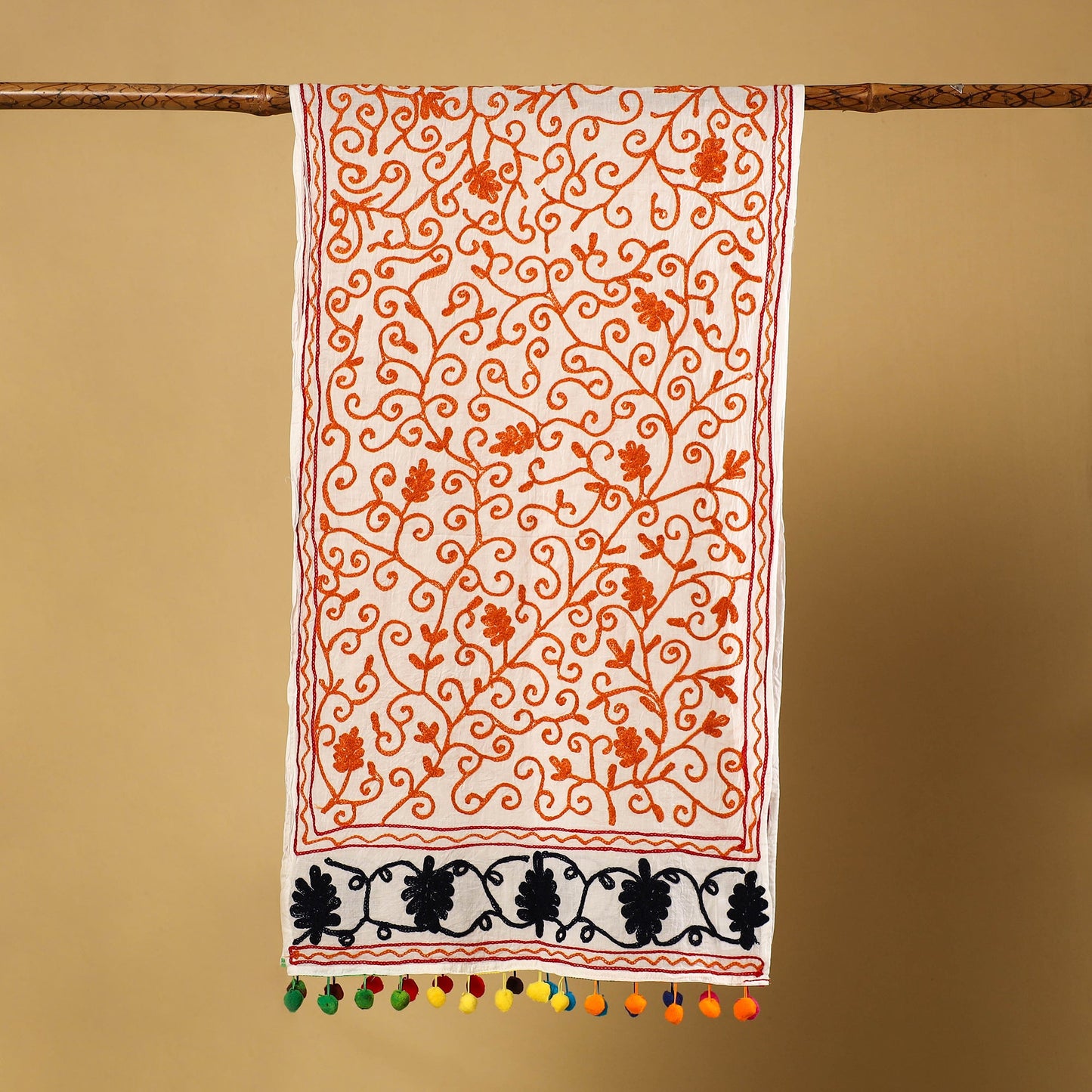 Buy Suzani Embroidery Mul Cotton Stole with Pom Pom