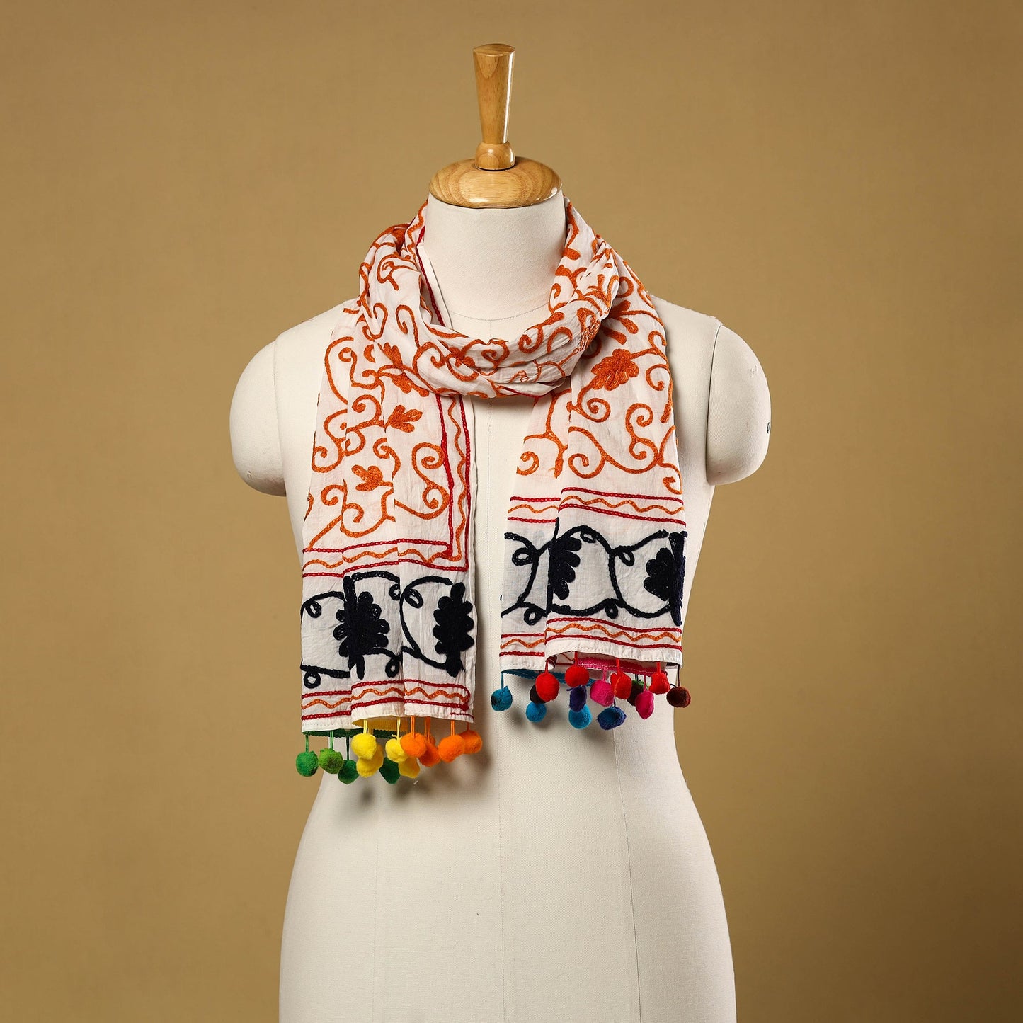 Buy Suzani Embroidery Mul Cotton Stole with Pom Pom