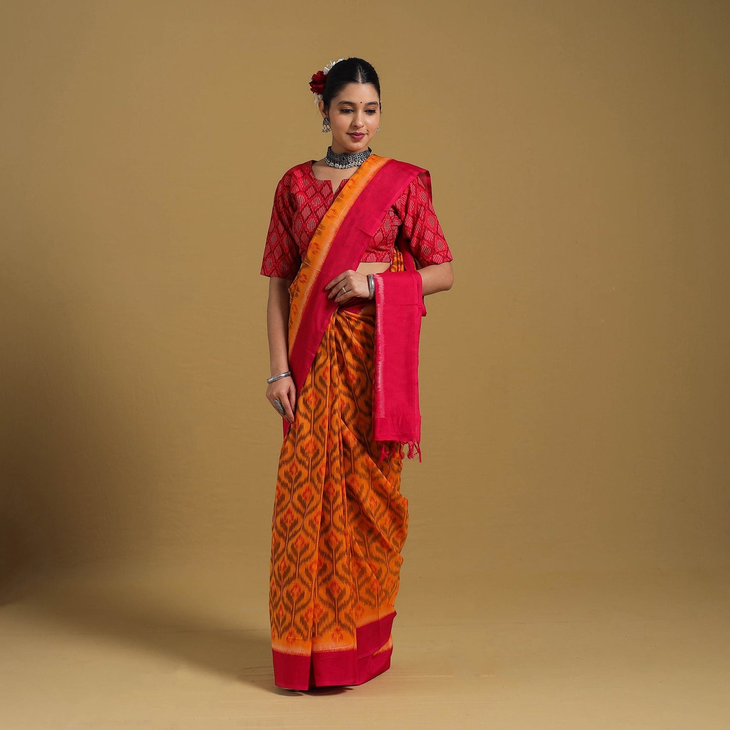 Orange Telia Rumal Handloom Cotton Pochampally Double Ikat Saree