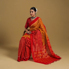 Orange - Telia Rumal Handloom Cotton Pochampally Double Ikat Saree 15