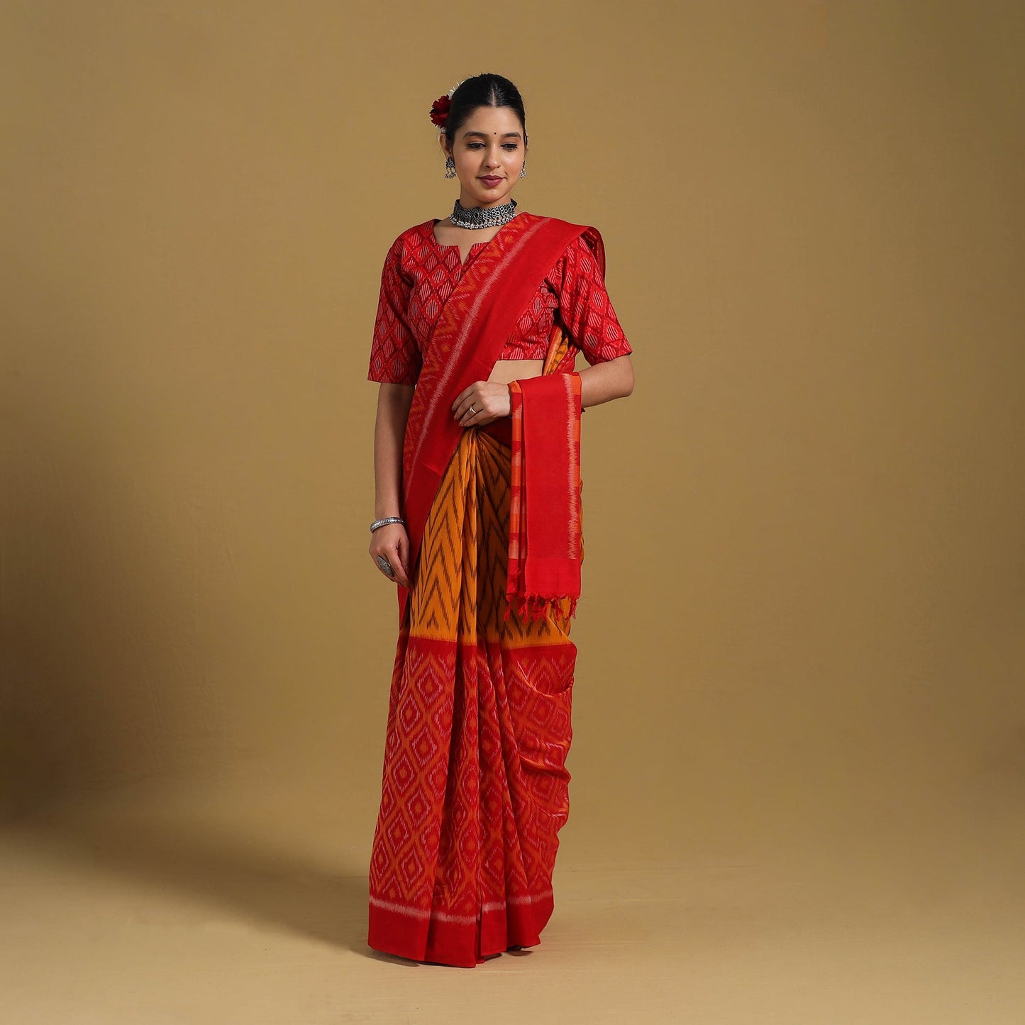 Orange - Telia Rumal Handloom Cotton Pochampally Double Ikat Saree 15