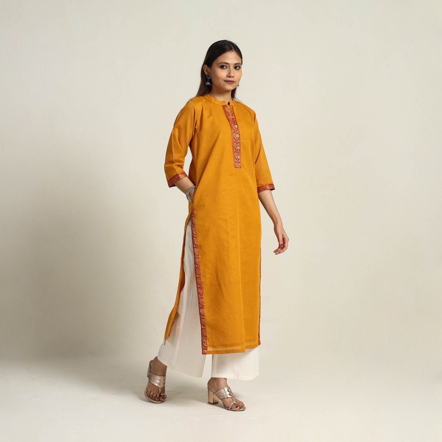Buy Cotton Straight Orange Kanchipuram Kurta for Women