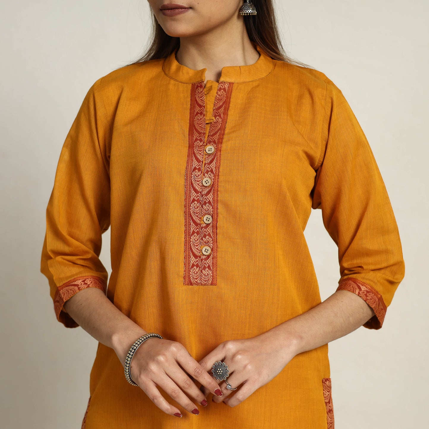Buy Cotton Straight Orange Kanchipuram Kurta for Women