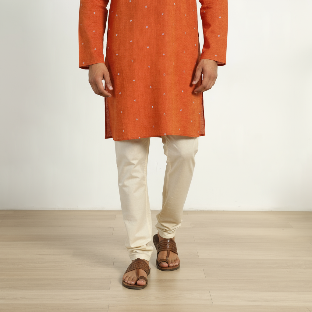 Orange - thread buti cotton long plain kurta for men 08