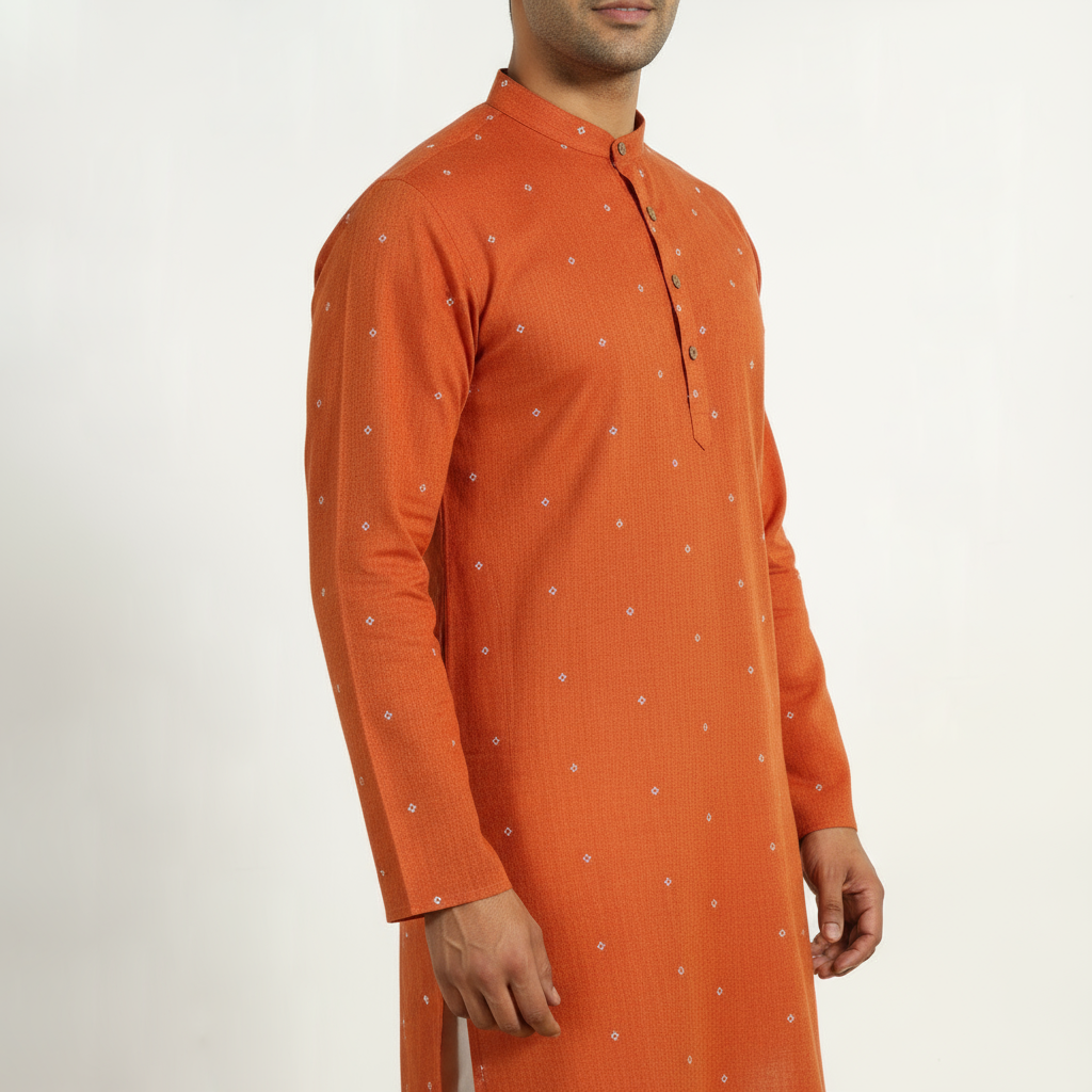 Orange - thread buti cotton long plain kurta for men 08
