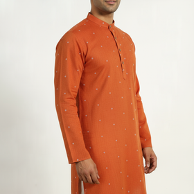 Orange - thread buti cotton long plain kurta for men 08