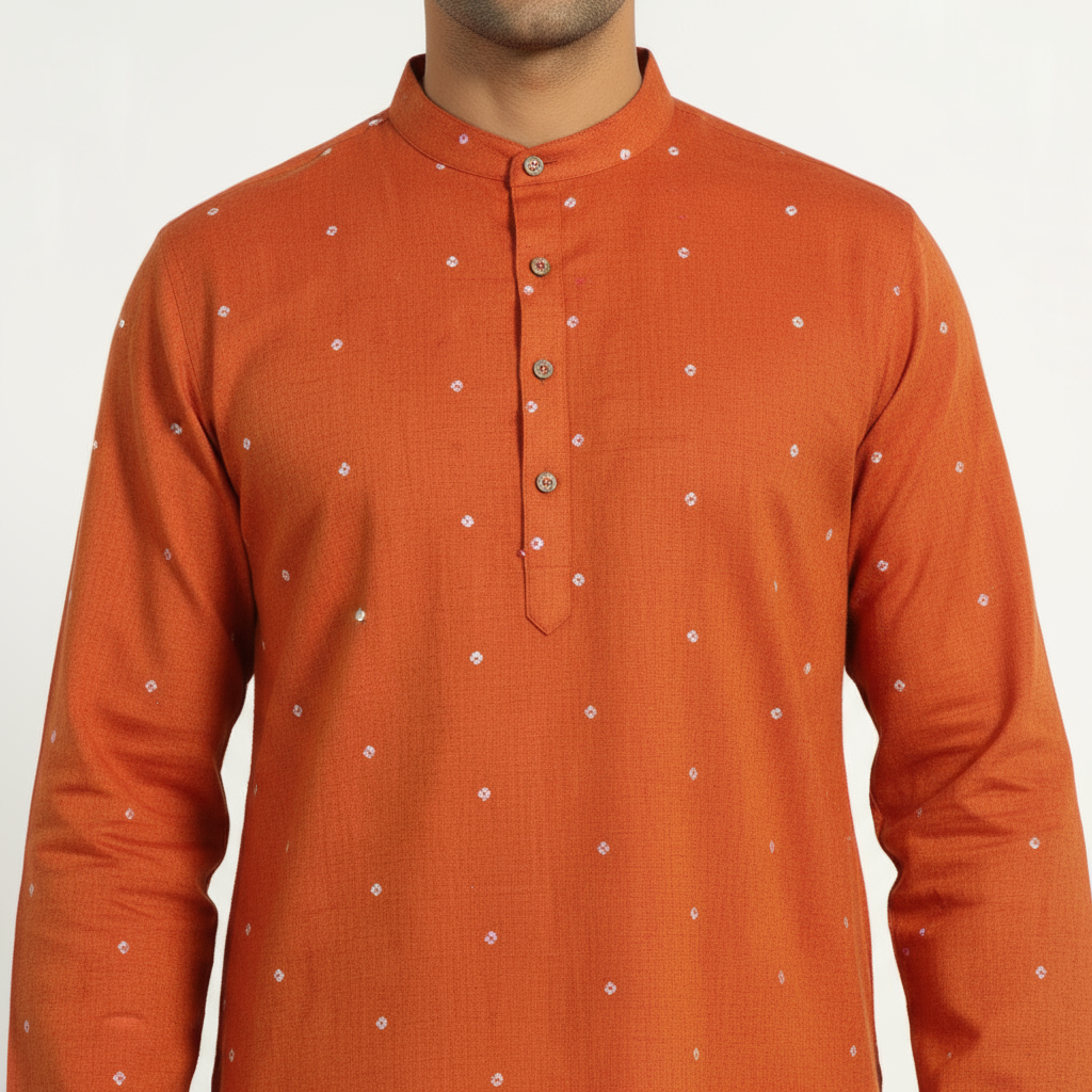Orange - thread buti cotton long plain kurta for men 08