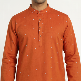 Orange - thread buti cotton long plain kurta for men 08