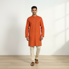 Orange - thread buti cotton long plain kurta for men 08
