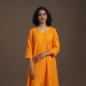 Orange - thread buti work cotton plain kurta set (set of 2)