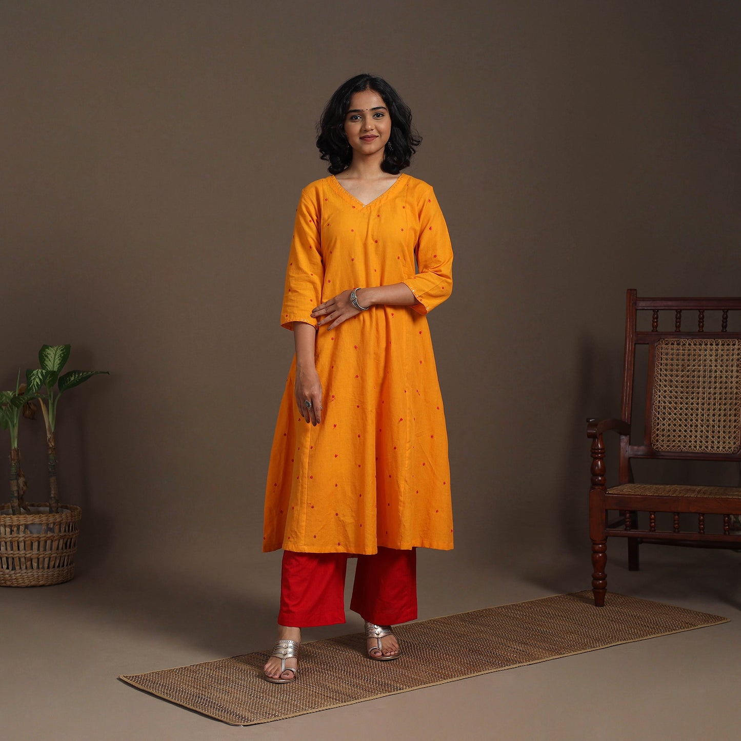 Orange - thread buti work cotton plain kurta set (set of 2)