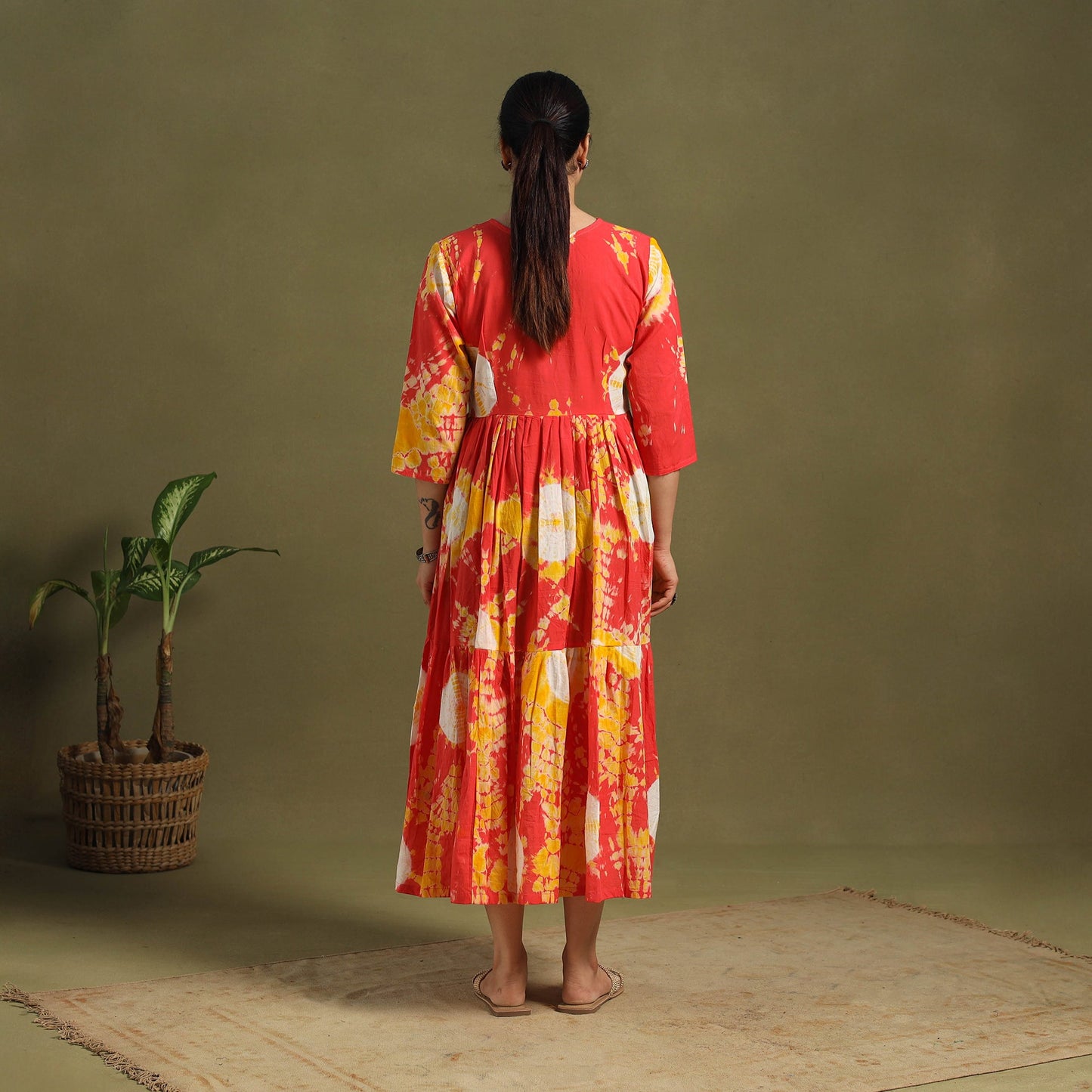 Orange Tie-Dye Cotton Tiered Shibori Dress