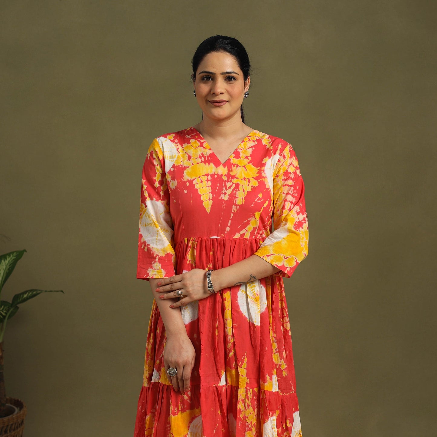 Orange Tie-Dye Cotton Tiered Shibori Dress