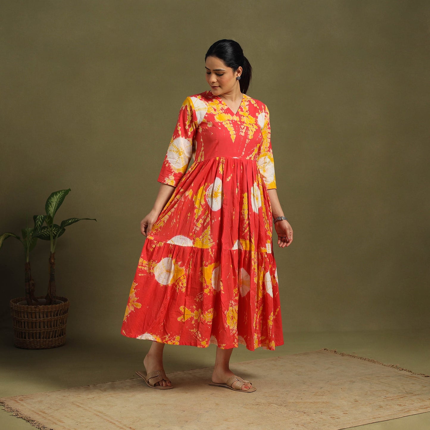 Orange Tie-Dye Cotton Tiered Shibori Dress