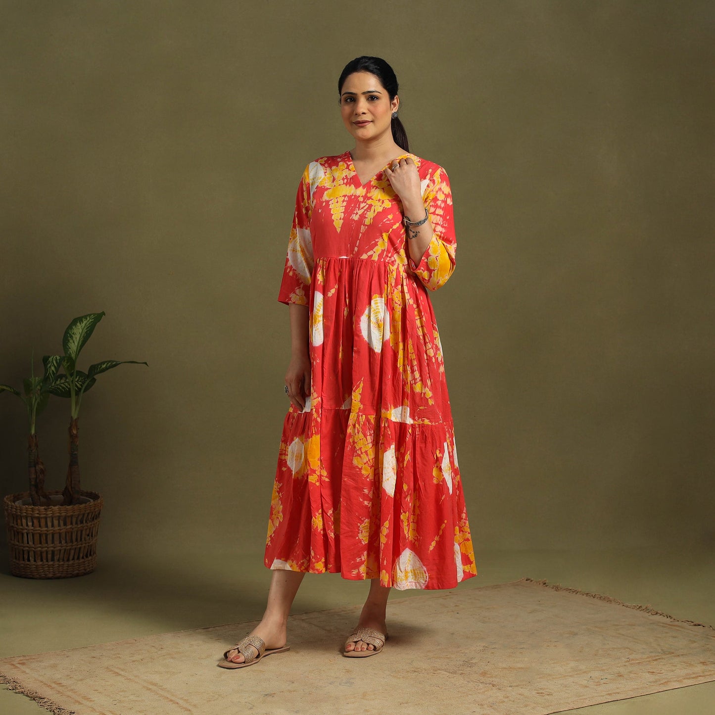 Orange Tie-Dye Cotton Tiered Shibori Dress