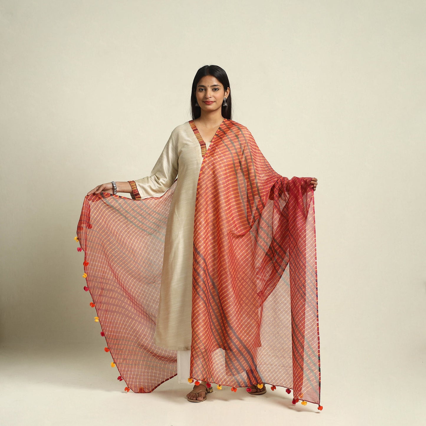 Orange Tie & Dye Mothra Kota Doria Cotton Leheriya Dupatta
