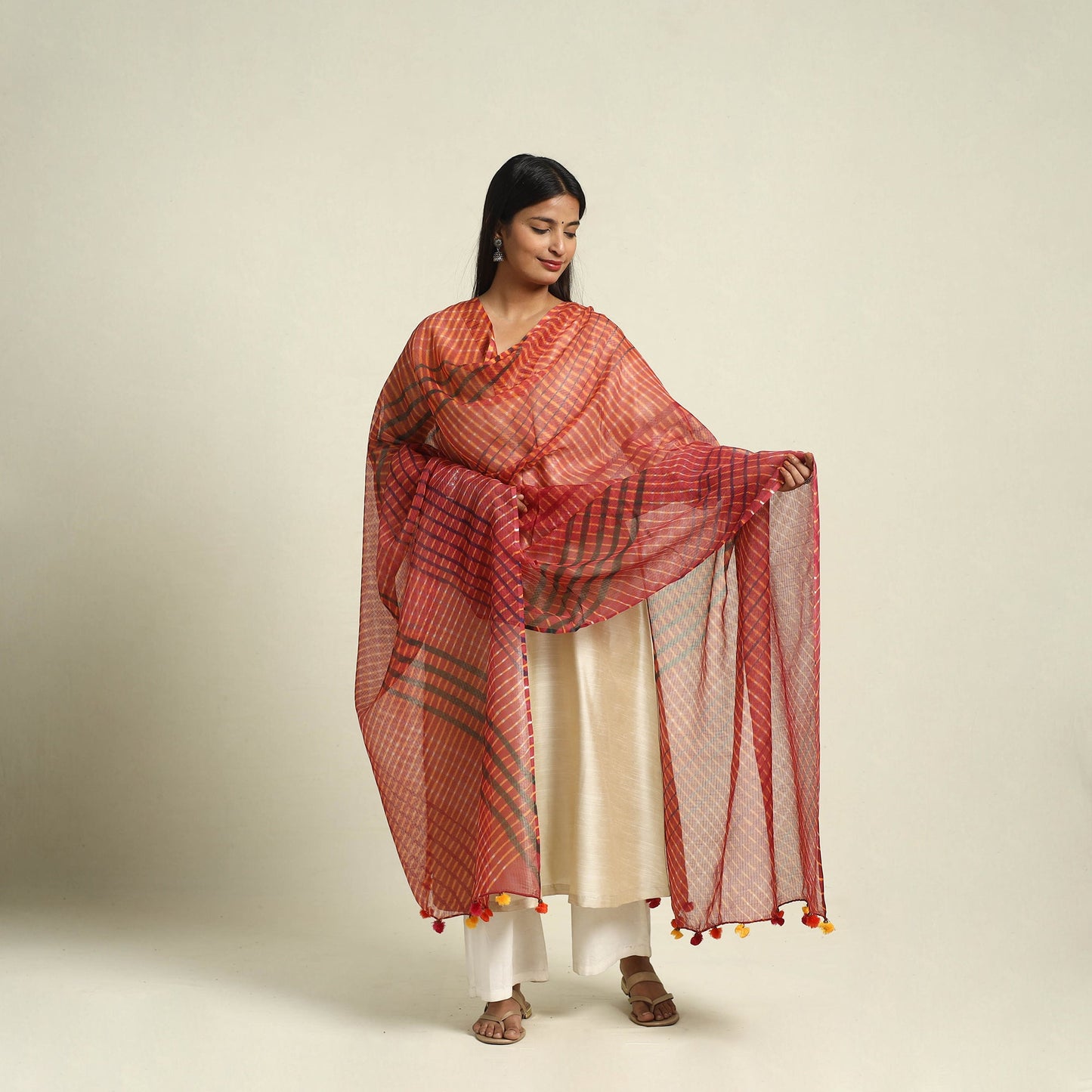 Orange Tie & Dye Mothra Kota Doria Cotton Leheriya Dupatta