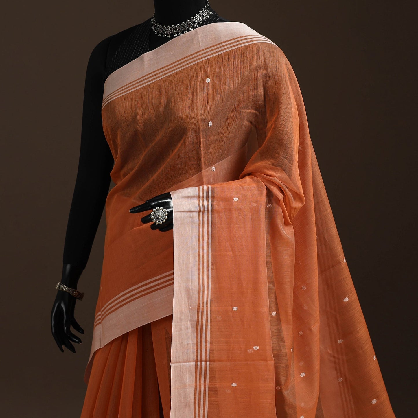 Orange - traditional handloom buti chanderi silk saree 08