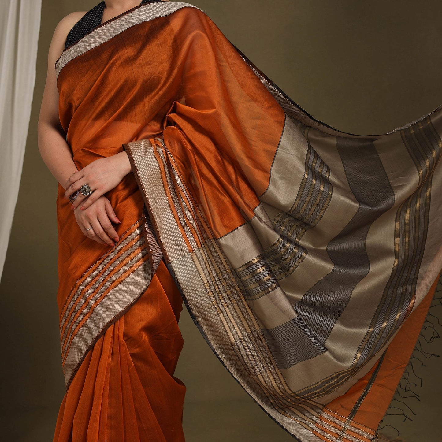 Orange - traditional handloom silk cotton maheshwari saree