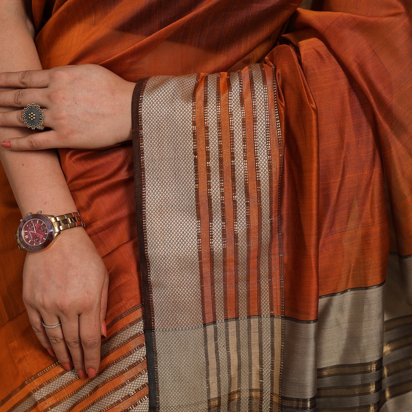 Orange - traditional handloom silk cotton maheshwari saree