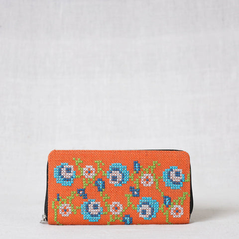 Orange Tribal Hand Embroidered Jute Clutch Wallet