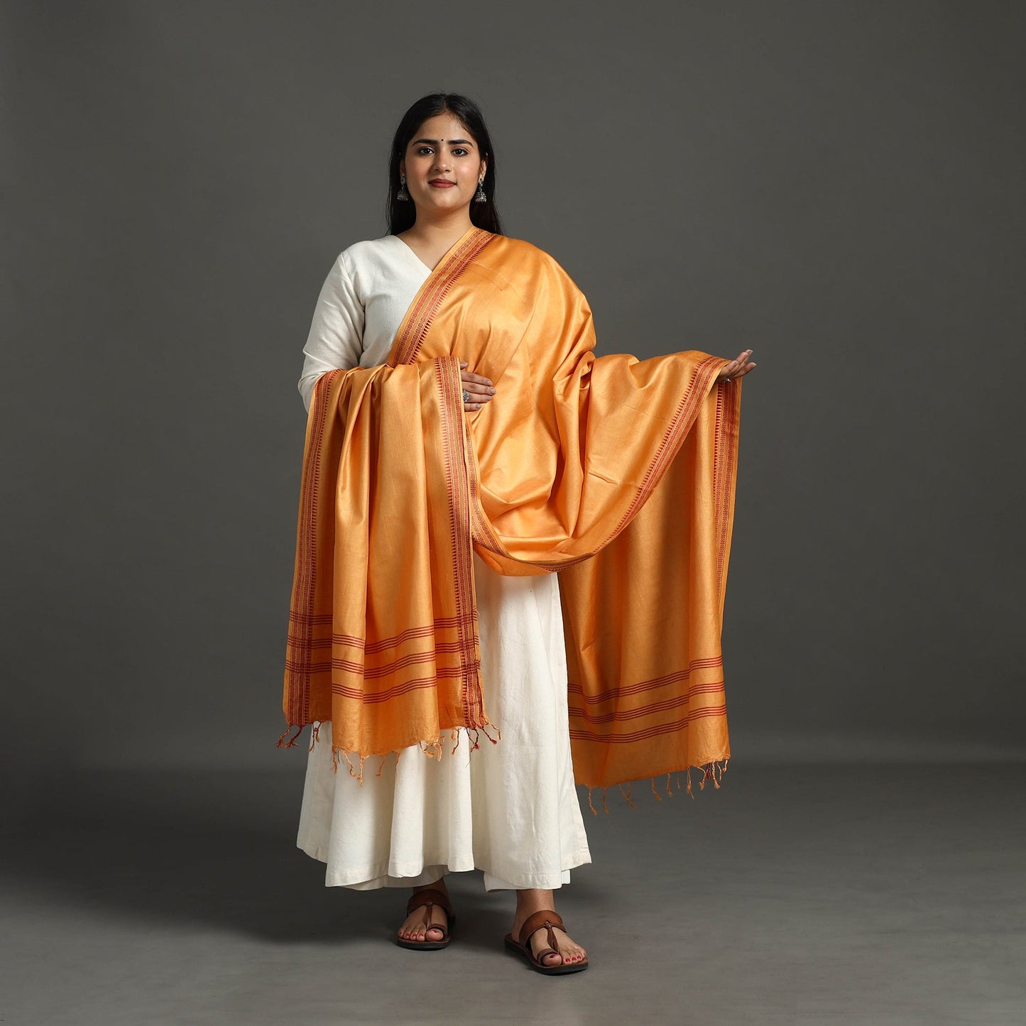 Orange Vidarbha Tussar Cotton Handloom Dobby Border Dupatta