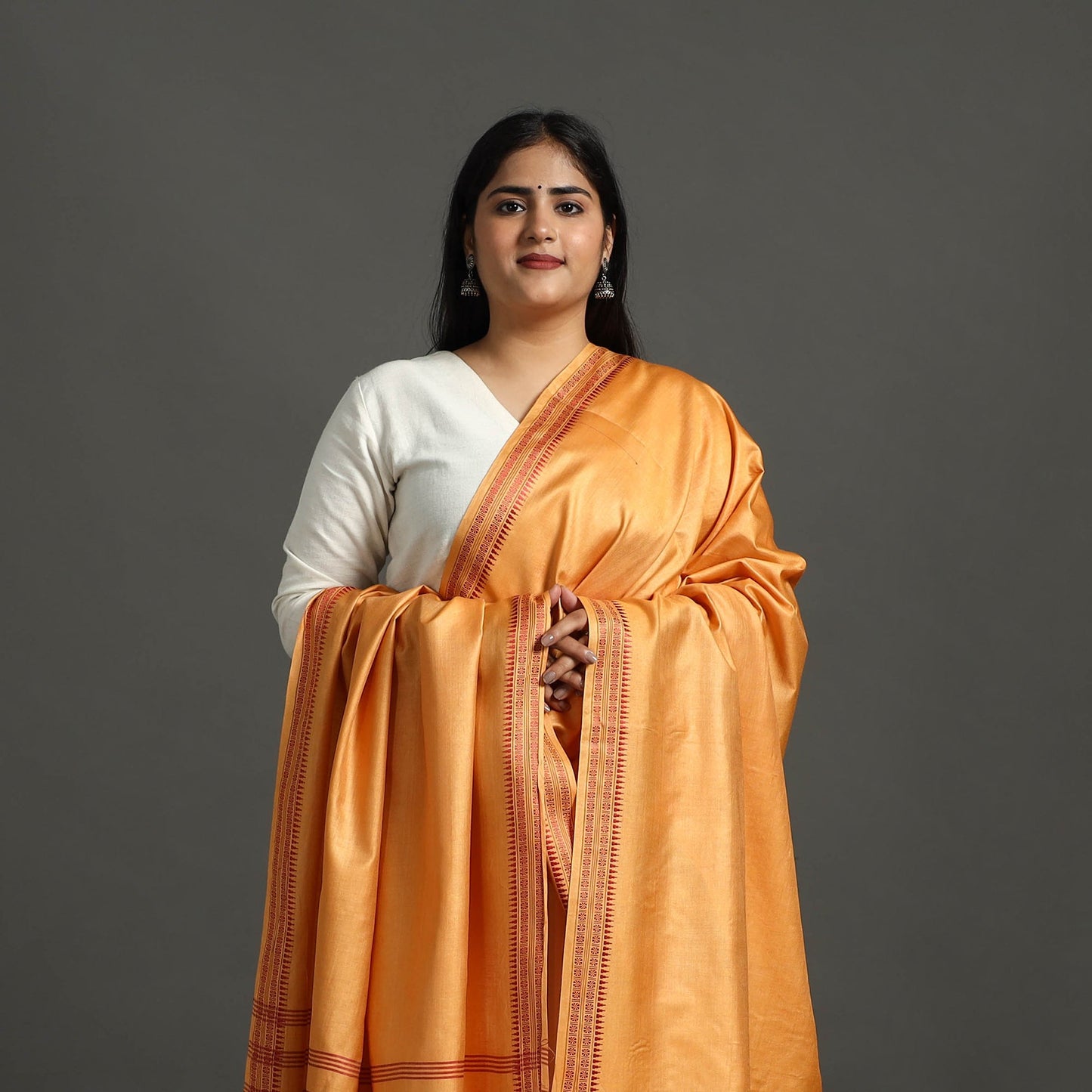 Orange Vidarbha Tussar Cotton Handloom Dobby Border Dupatta