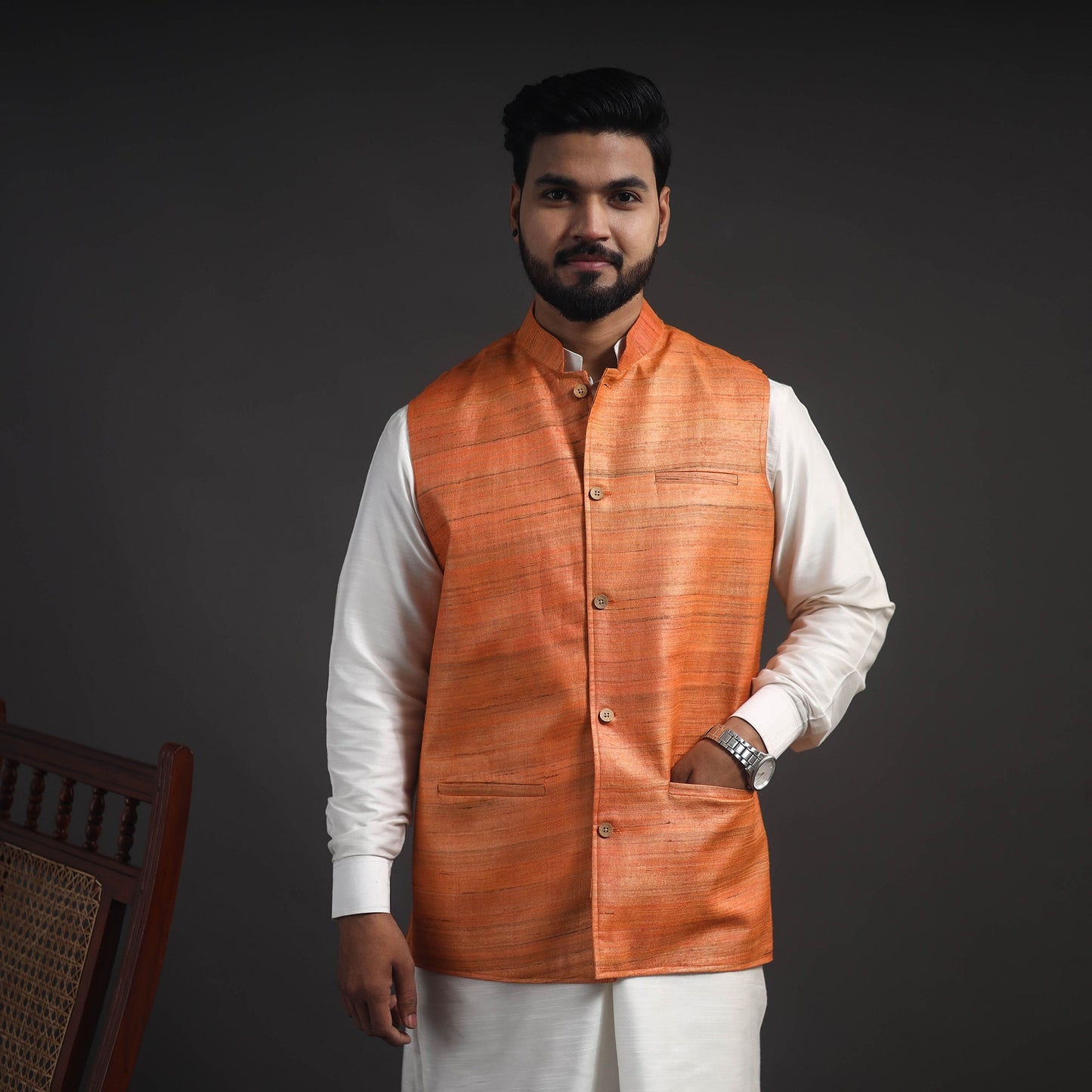 Orange Vidarbha Tussar x Ghicha Silk Handloom Nehru Jacket