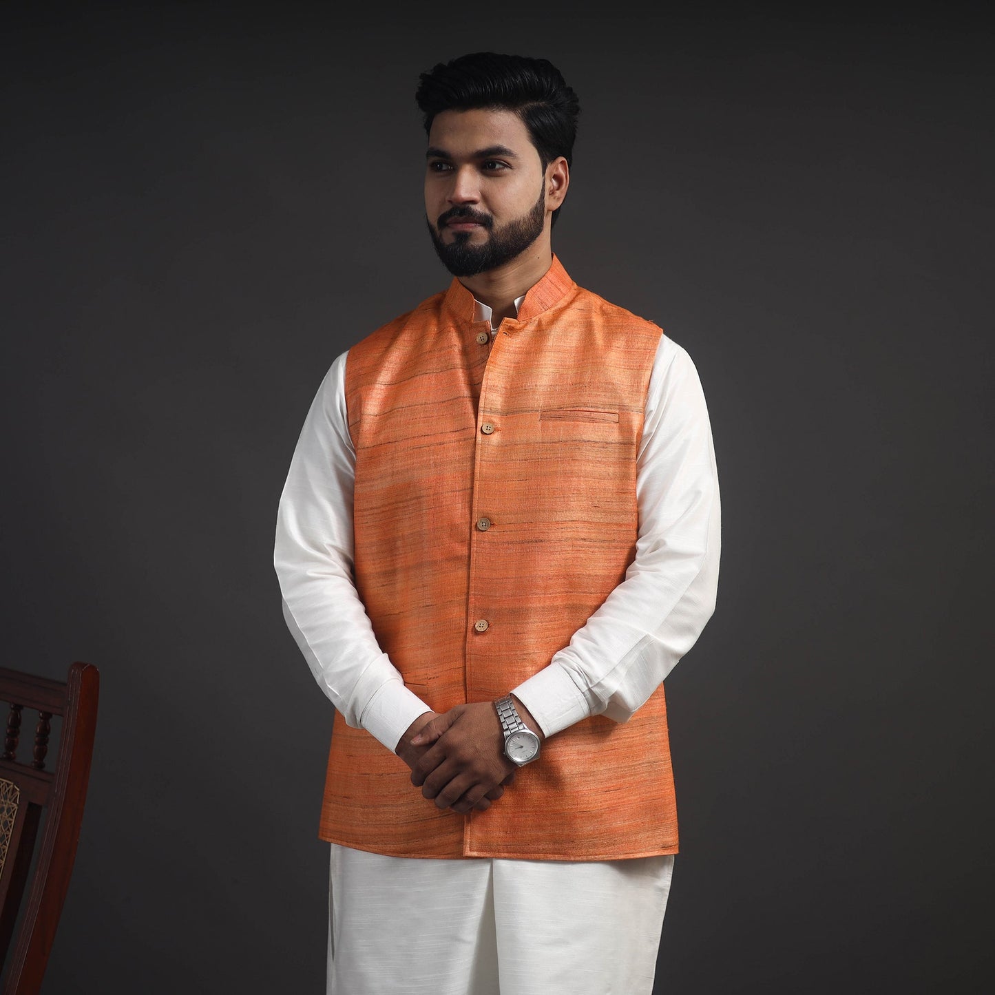 Orange Vidarbha Tussar x Ghicha Silk Handloom Nehru Jacket