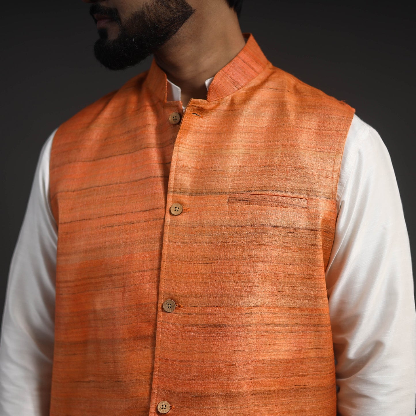 Orange Vidarbha Tussar x Ghicha Silk Handloom Nehru Jacket