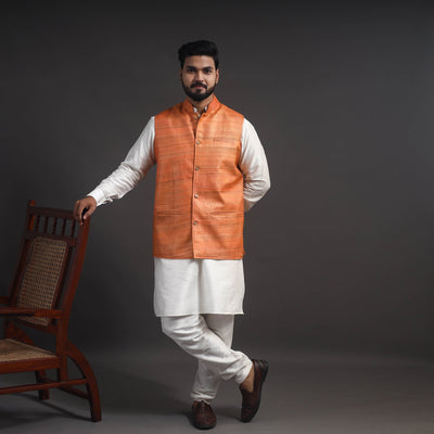 Orange Vidarbha Tussar x Ghicha Silk Handloom Nehru Jacket