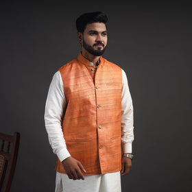 Orange Vidarbha Tussar x Ghicha Silk Handloom Nehru Jacket