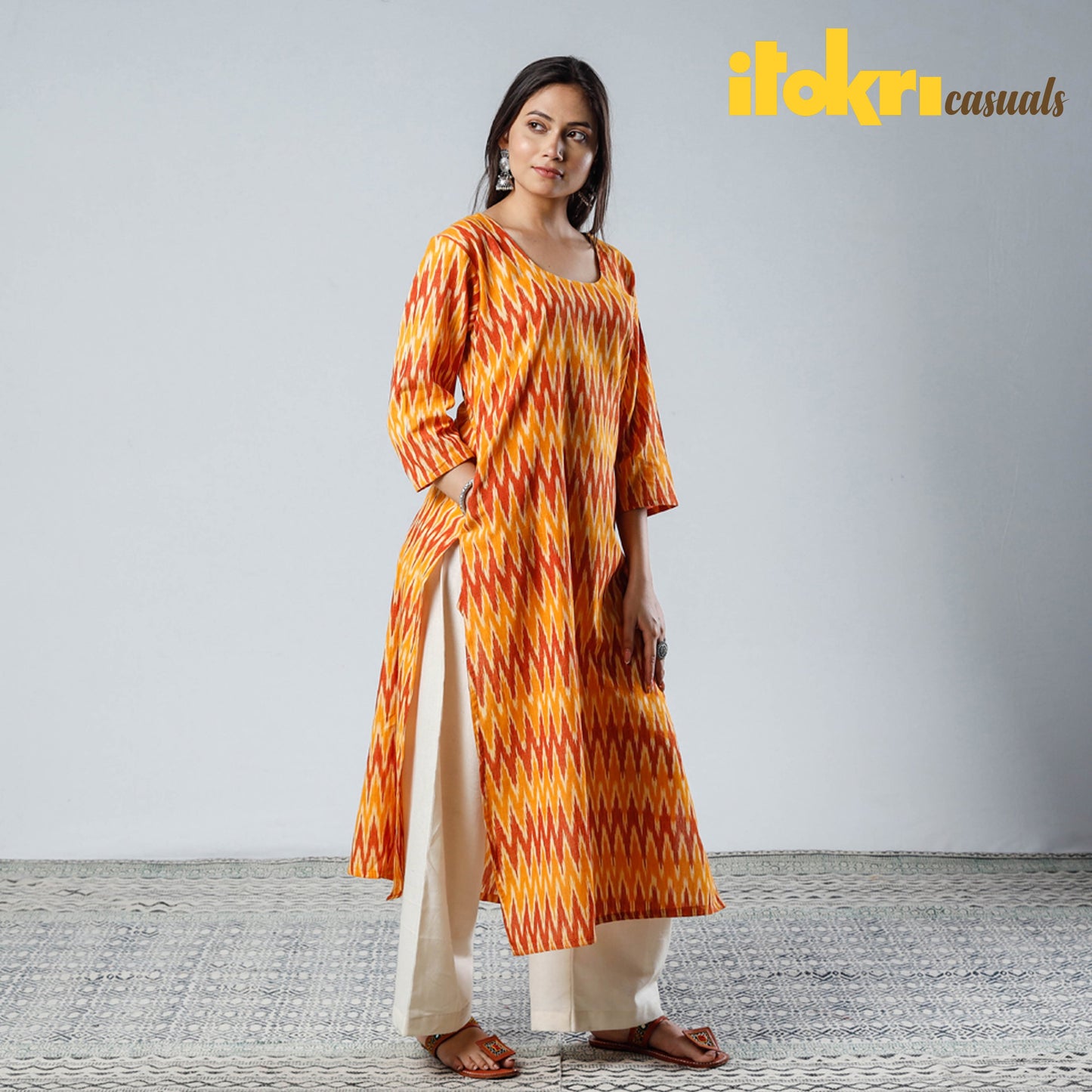  Pochampally Ikat Weave Cotton Long Straight Kurta 