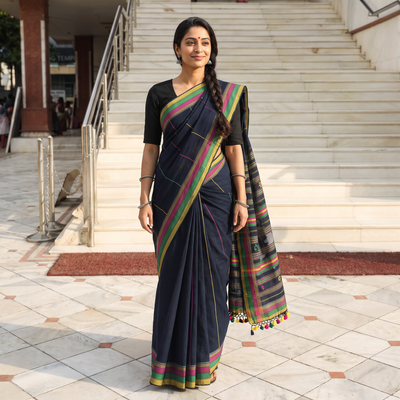 Blue Organic Kala Cotton Bhujodi Handloom Saree, draped and worn by a woman, AI visual of the saree, iTokri