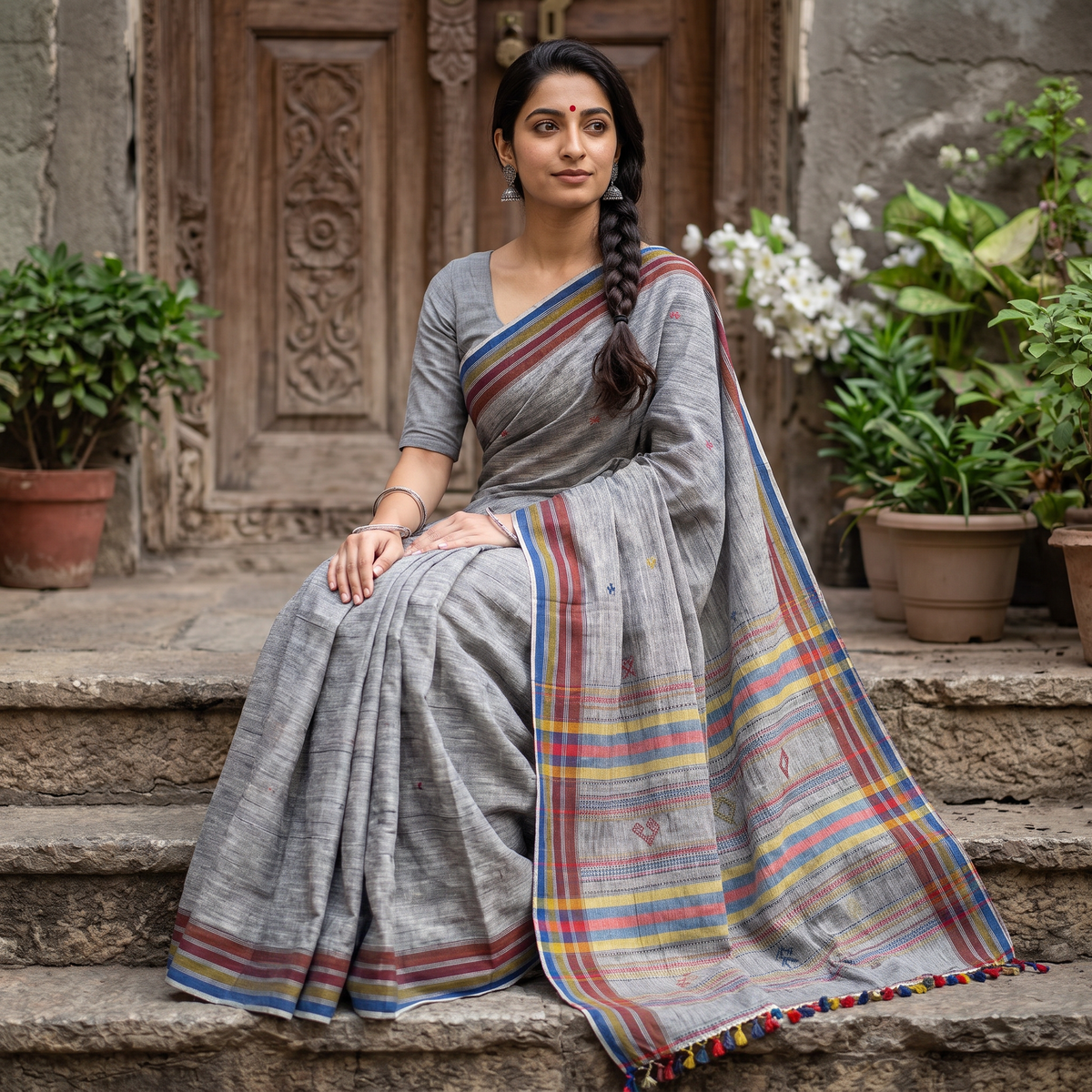 Grey Organic Kala Cotton Bhujodi Handloom Saree, draped and worn by a woman, AI visual of the saree, iTokri