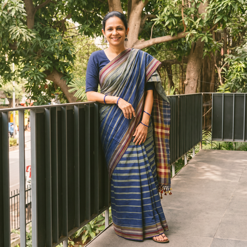 Multicolor Organic Kala Cotton Bhujodi Handloom Saree, draped and worn by a woman, AI visual of the saree, iTokri