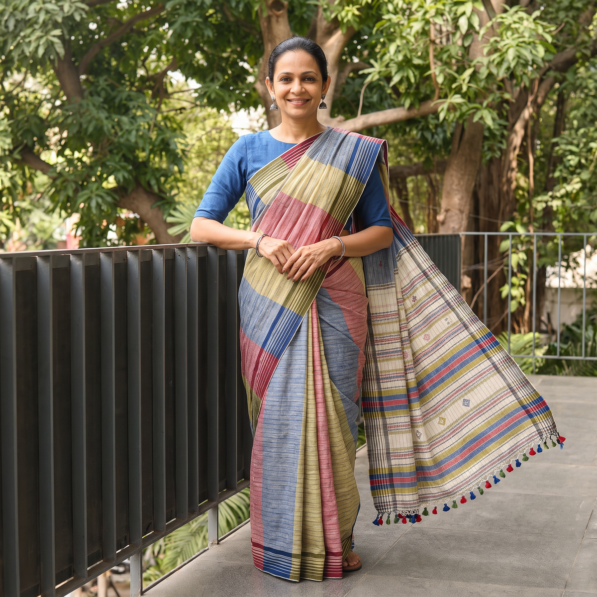 Multicolor Organic Kala Cotton Bhujodi Handloom Saree, draped and worn by a woman, AI visual of the saree, iTokri
