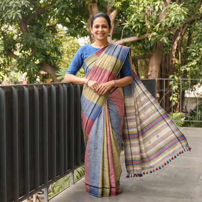 Multicolor Organic Kala Cotton Bhujodi Handloom Saree, draped and worn by a woman, AI visual of the saree, iTokri