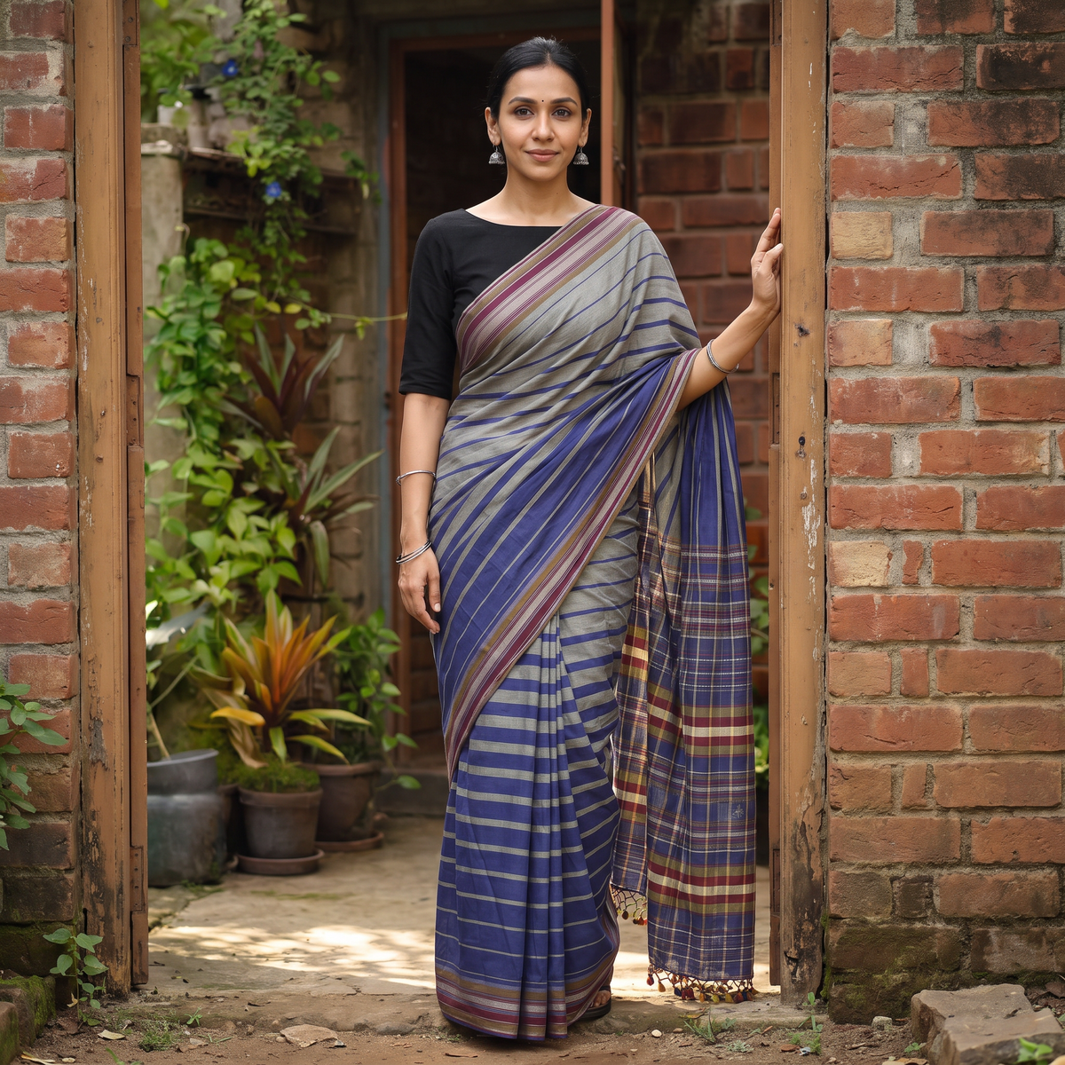 Multicolor Organic Kala Cotton Bhujodi Handloom Saree, draped and worn by a woman, AI visual of the saree, iTokri