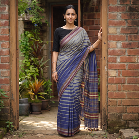 Multicolor Organic Kala Cotton Bhujodi Handloom Saree, draped and worn by a woman, AI visual of the saree, iTokri
