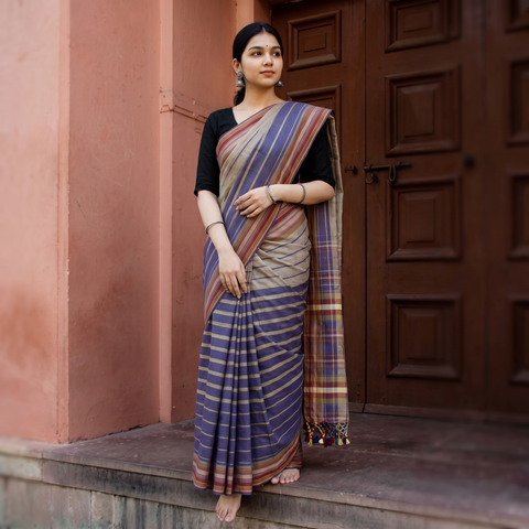 Multicolor Organic Kala Cotton Bhujodi Handloom Saree, draped and worn by a woman, AI visual of the saree, iTokri