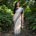 White Organic Kala Cotton Bhujodi Handloom Saree, draped and worn by a woman, AI visual of the saree, iTokri