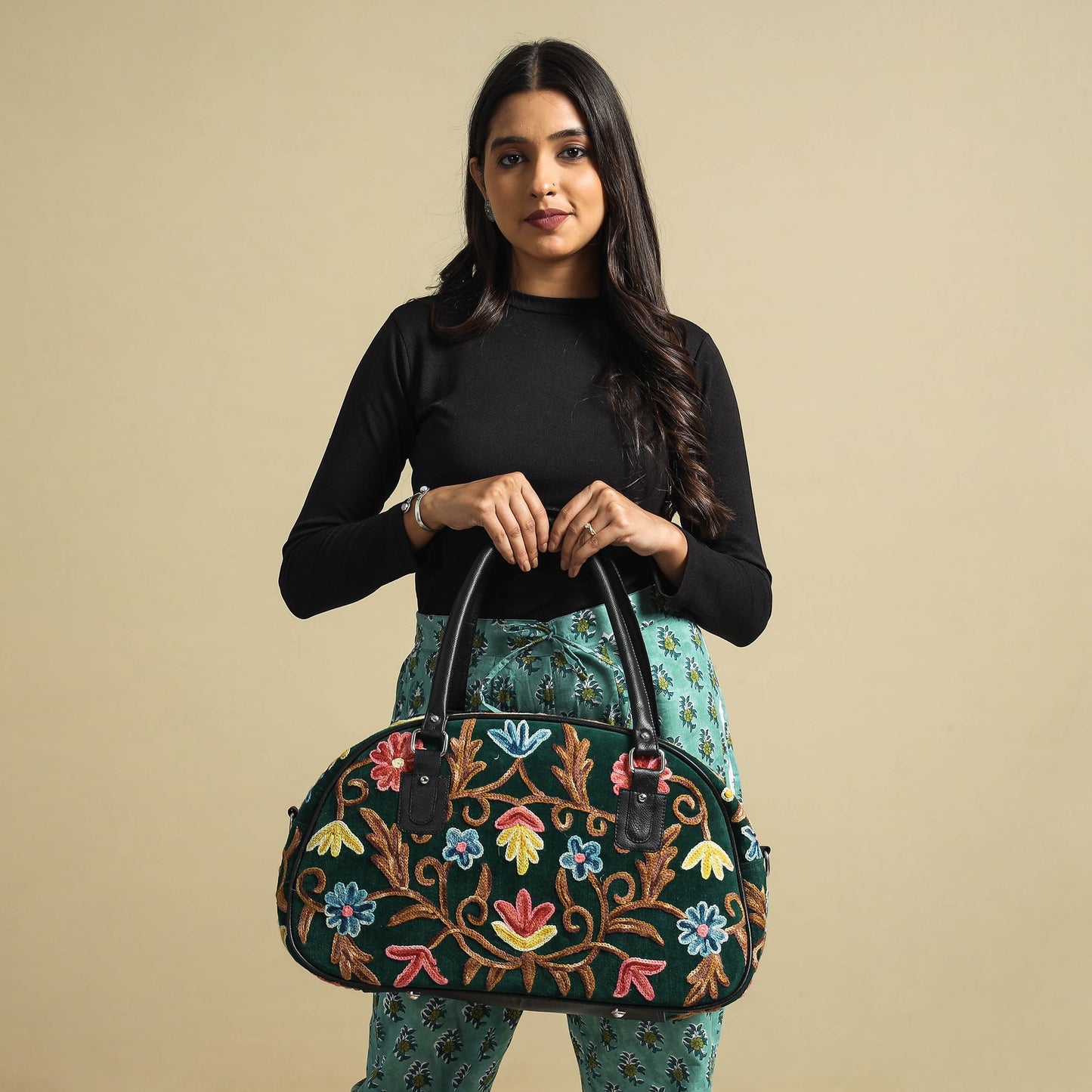 Buy Original Crewel Hand Embroidery Leather & Velvet Travel Bag 