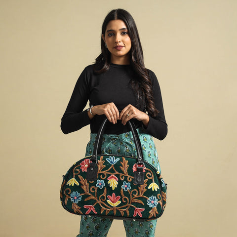 Buy Original Crewel Hand Embroidery Leather & Velvet Travel Bag 