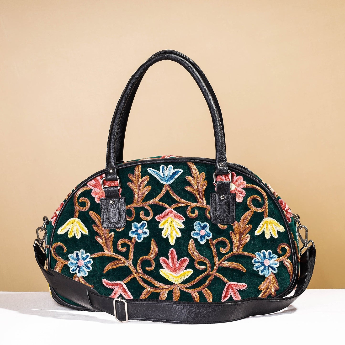 Buy Original Crewel Hand Embroidery Leather & Velvet Travel Bag 