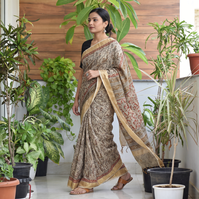 Beige Original Pedana Kalamkari Block Print Chanderi Silk Saree, draped and worn by a woman, AI visual of the saree, iTokri