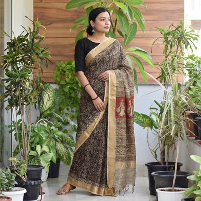 Black Original Pedana Kalamkari Block Print Chanderi Silk Saree, draped and worn by a woman, AI visual of the saree, iTokri