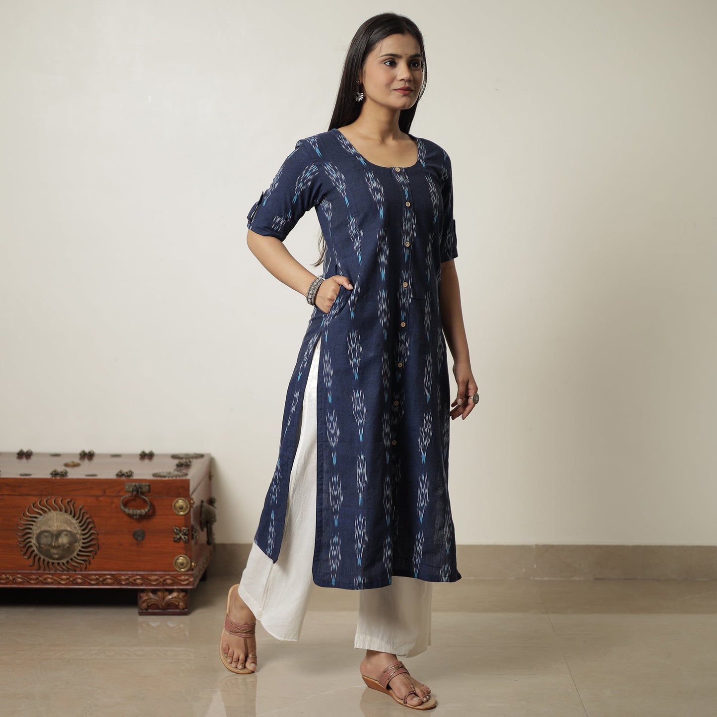 Buy Pochampally Ikat Weave Cotton Long Straight Kurta 04 Online at iTokri.com
